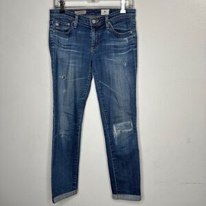 Revolve AG Flyaway The Stilt Cigarette Roll-Up Medium Wash Distressed Jean 27